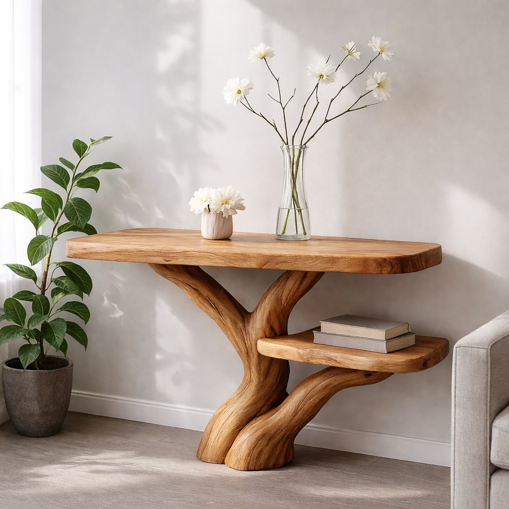 Handcrafted Tree Console Table – Solid Wood Entryway Table with Natural Root Design and Floating Shelf - view 1 of 7