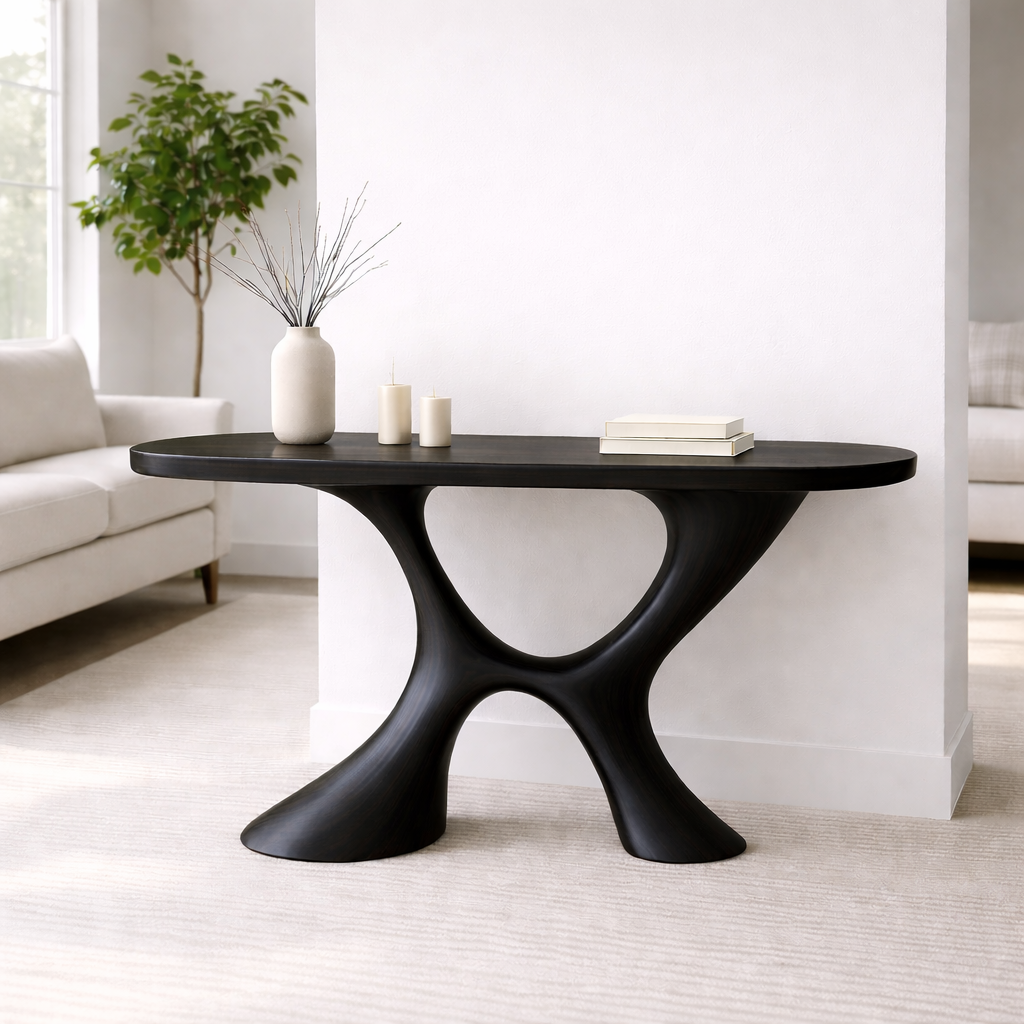 Modern Solid Wood Console Table, Sculptural Organic Base Entryway Hallway Oak Statement Furniture - view 7 of 7