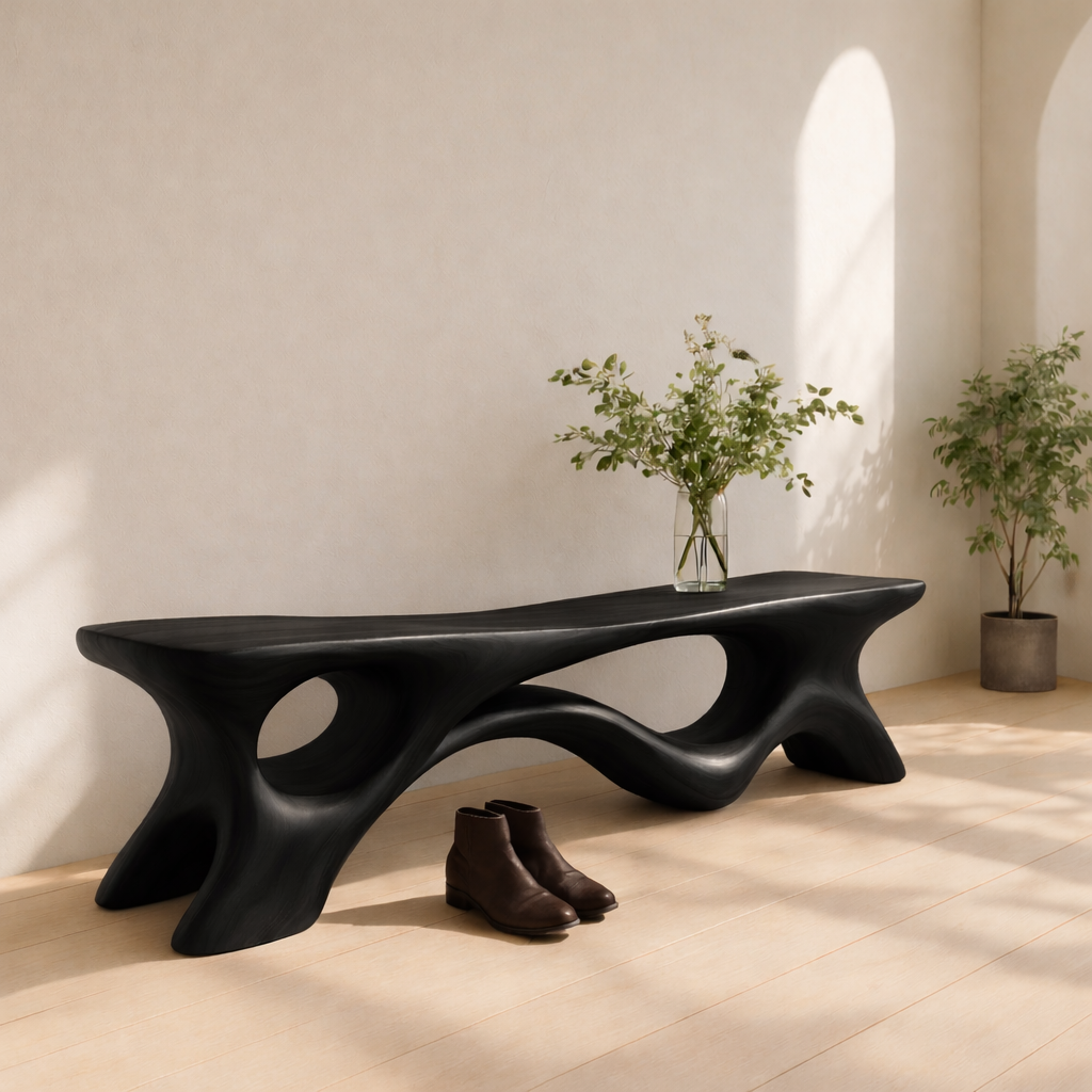 Solid Wood Entryway Bench with Sculptural Base – Modern Organic Wooden Bench - view 4 of 7