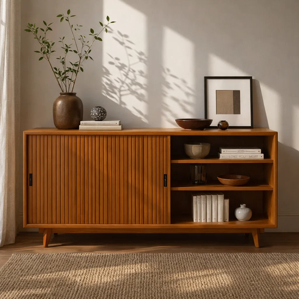 Solid Wood Sideboard Cabinet with Sliding Slatted Doors & Open Shelf Storage - view 3 of 7
