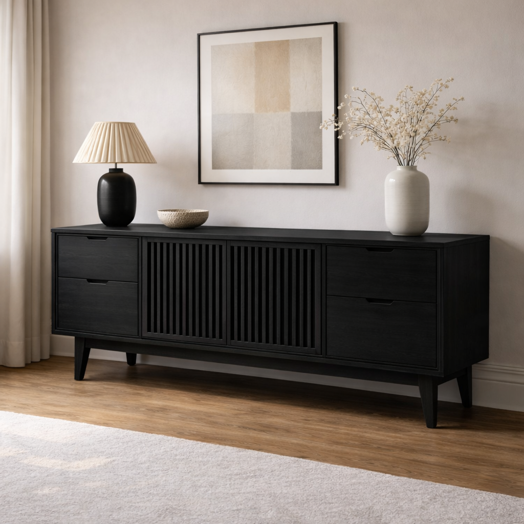 Solid Wood Console Cabinet with Slatted Doors and Drawer Storage - view 4 of 7