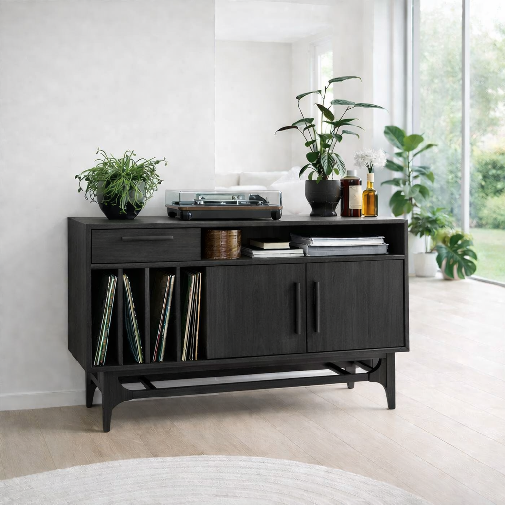 Vinyl Record Storage Sideboard Cabinet with Open Shelf and Drawer – Media Console - view 4 of 7
