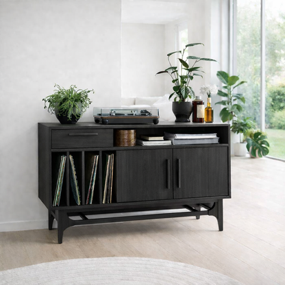 Vinyl Record Storage Sideboard Cabinet with Open Shelf and Drawer – Media Console - view 4 of 7