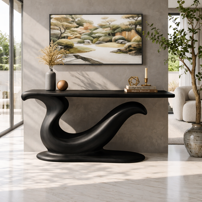 Solid Wood Console Table with Sculpted Curved Base, Modern Artistic Design - view 4 of 7