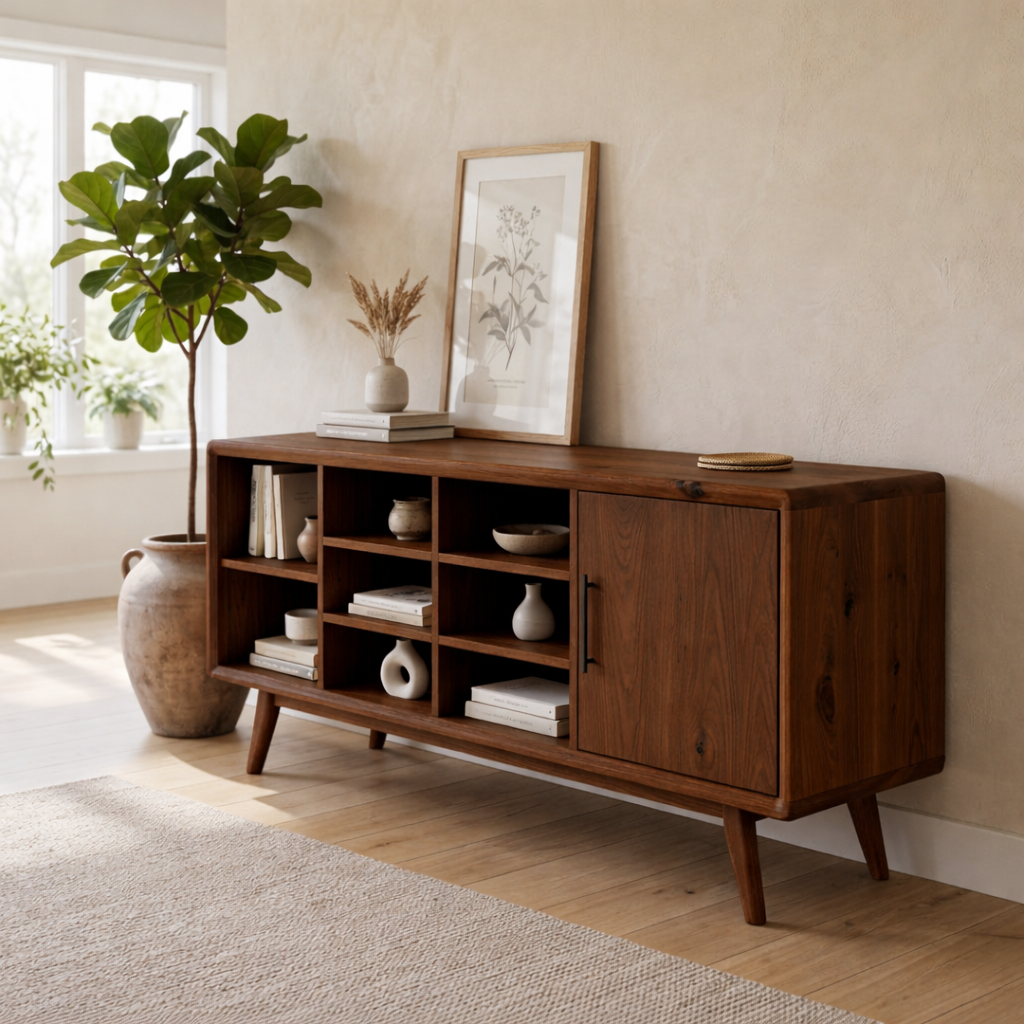 Solid Oak Console Cabinet with Shelves & Door – Modern Storage Sideboard Table - view 2 of 7