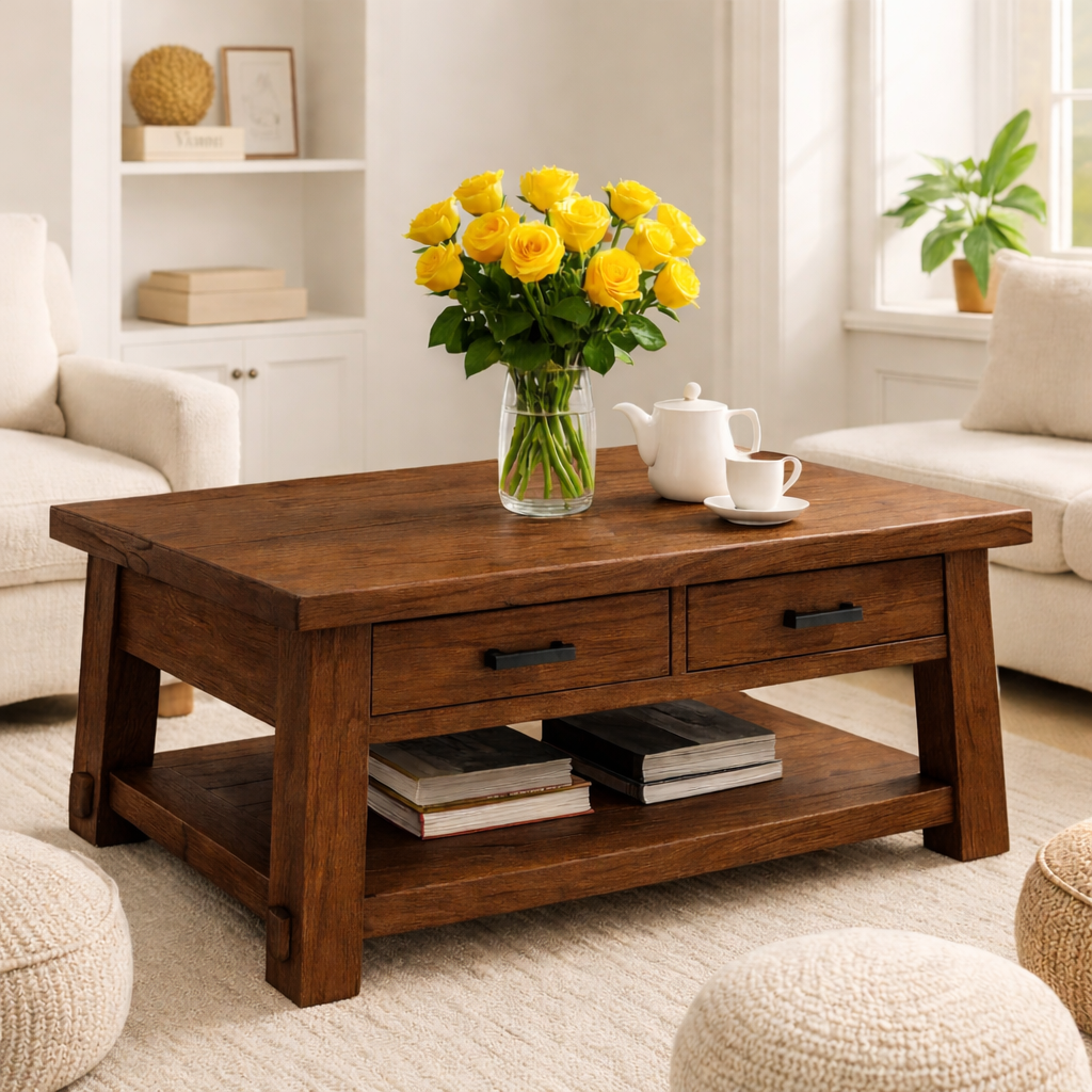 Solid Wood Coffee Table with Drawers and Storage Shelf Rustic Living Room Table - view 3 of 7