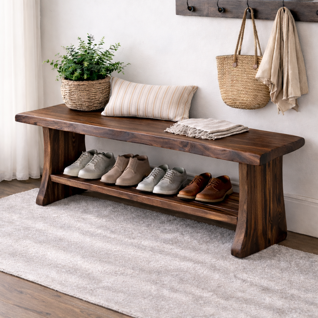 Solid Wood Entryway Bench with Shoe Storage | Rustic Hallway Seating - view 2 of 7