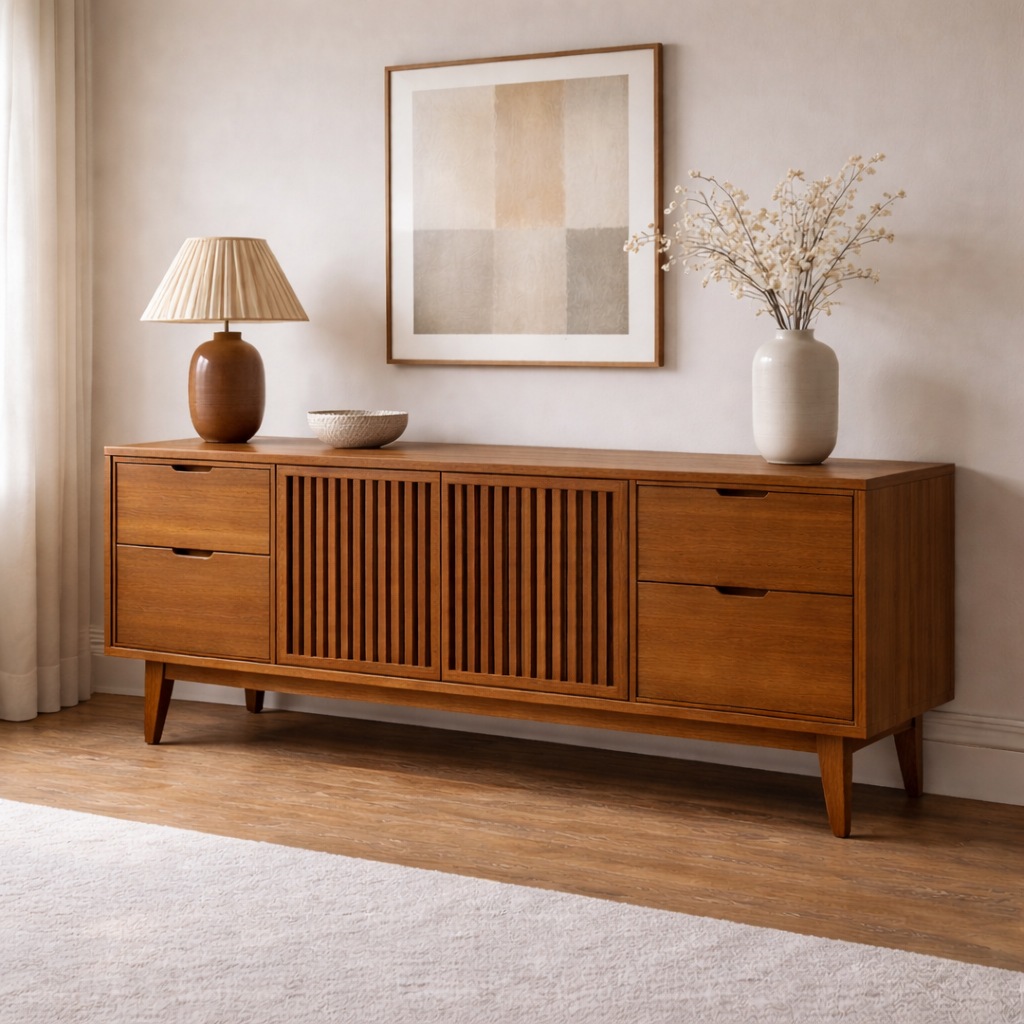 Solid Wood Console Cabinet with Slatted Doors and Drawer Storage - view 3 of 7