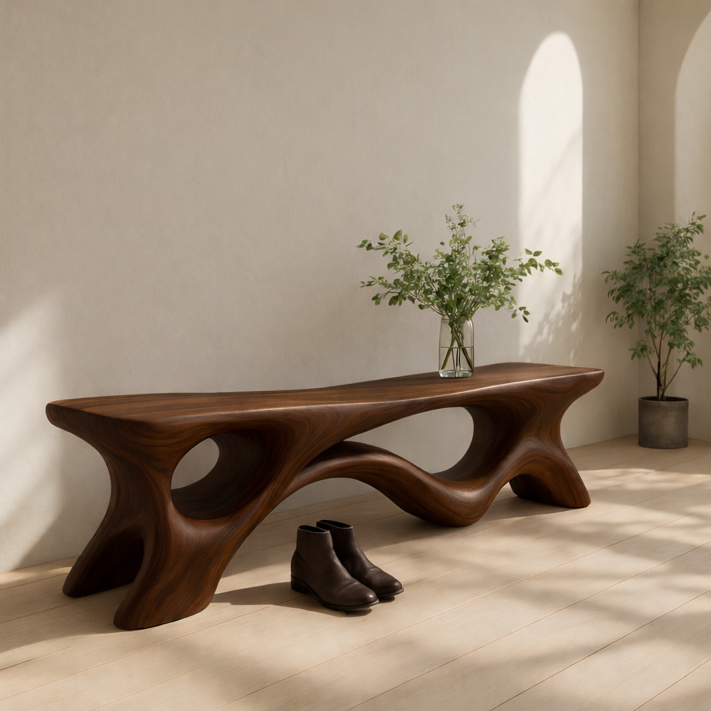 Solid Wood Entryway Bench with Sculptural Base – Modern Organic Wooden Bench - view 2 of 7