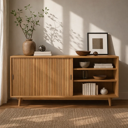 Solid Wood Sideboard Cabinet with Sliding Slatted Doors & Open Shelf Storage - view 1 of 7