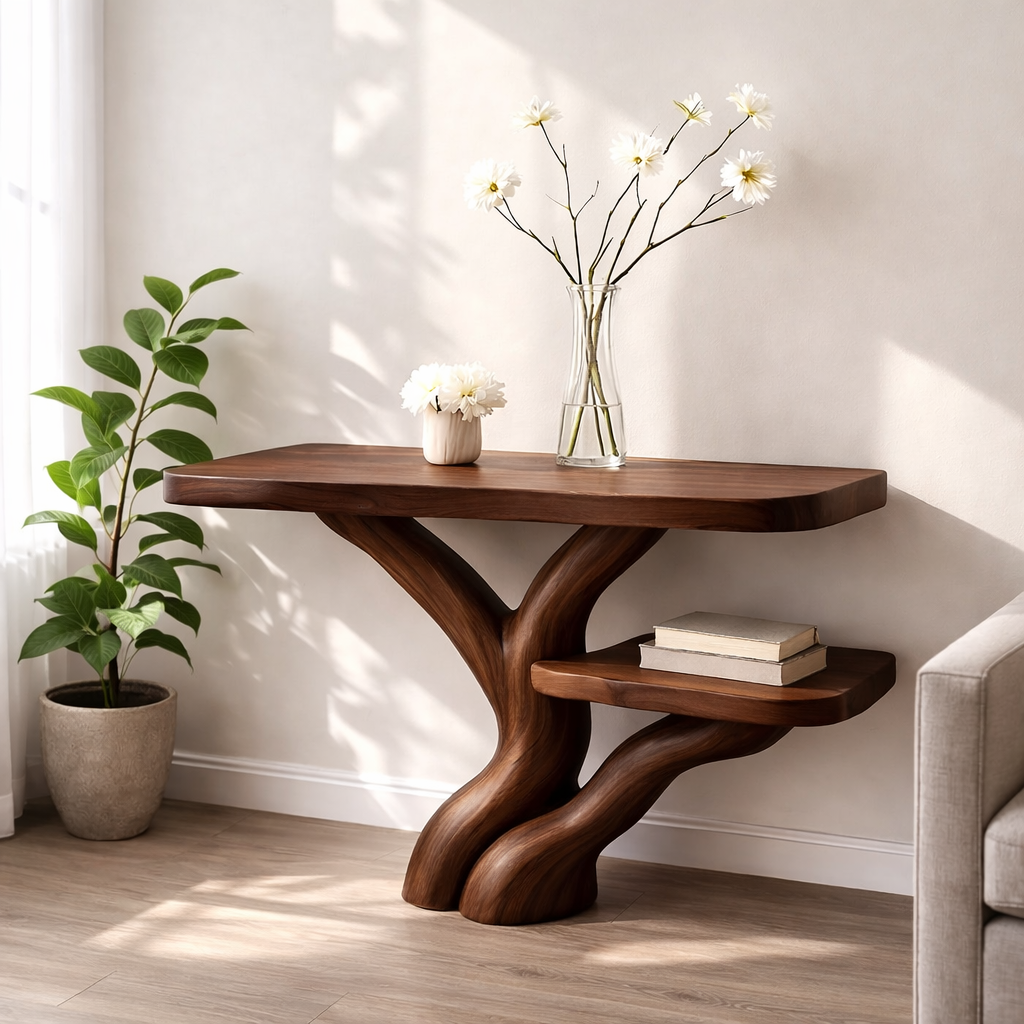 Handcrafted Tree Console Table – Solid Wood Entryway Table with Natural Root Design and Floating Shelf - view 5 of 7