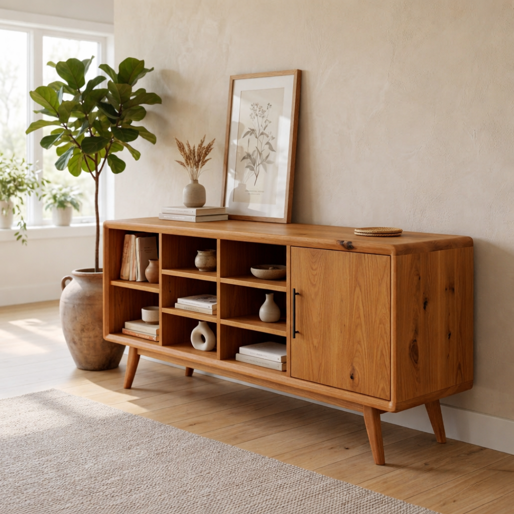 Solid Oak Console Cabinet with Shelves & Door – Modern Storage Sideboard Table - view 3 of 7