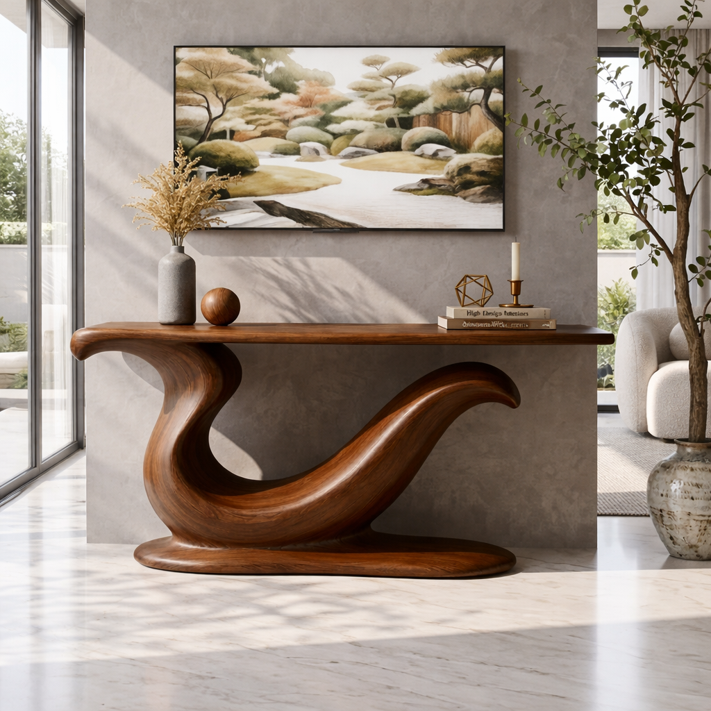 Solid Wood Console Table with Sculpted Curved Base, Modern Artistic Design - view 3 of 7