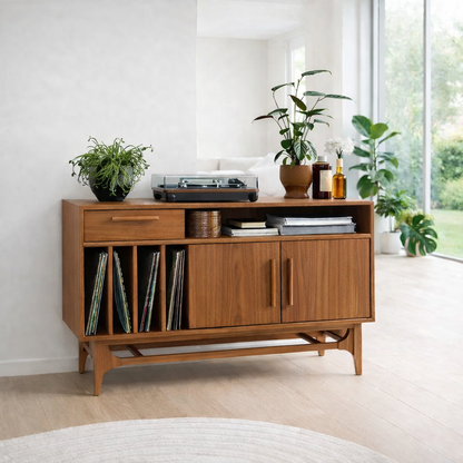 Vinyl Record Storage Sideboard Cabinet with Open Shelf and Drawer – Media Console - view 3 of 7
