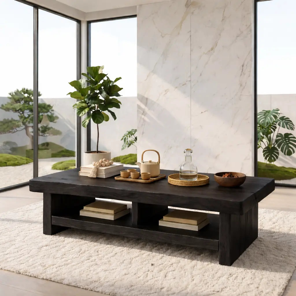 Rustic Solid Wood Coffee Table with Live Edge Top and Open Storage Shelf - view 4 of 7