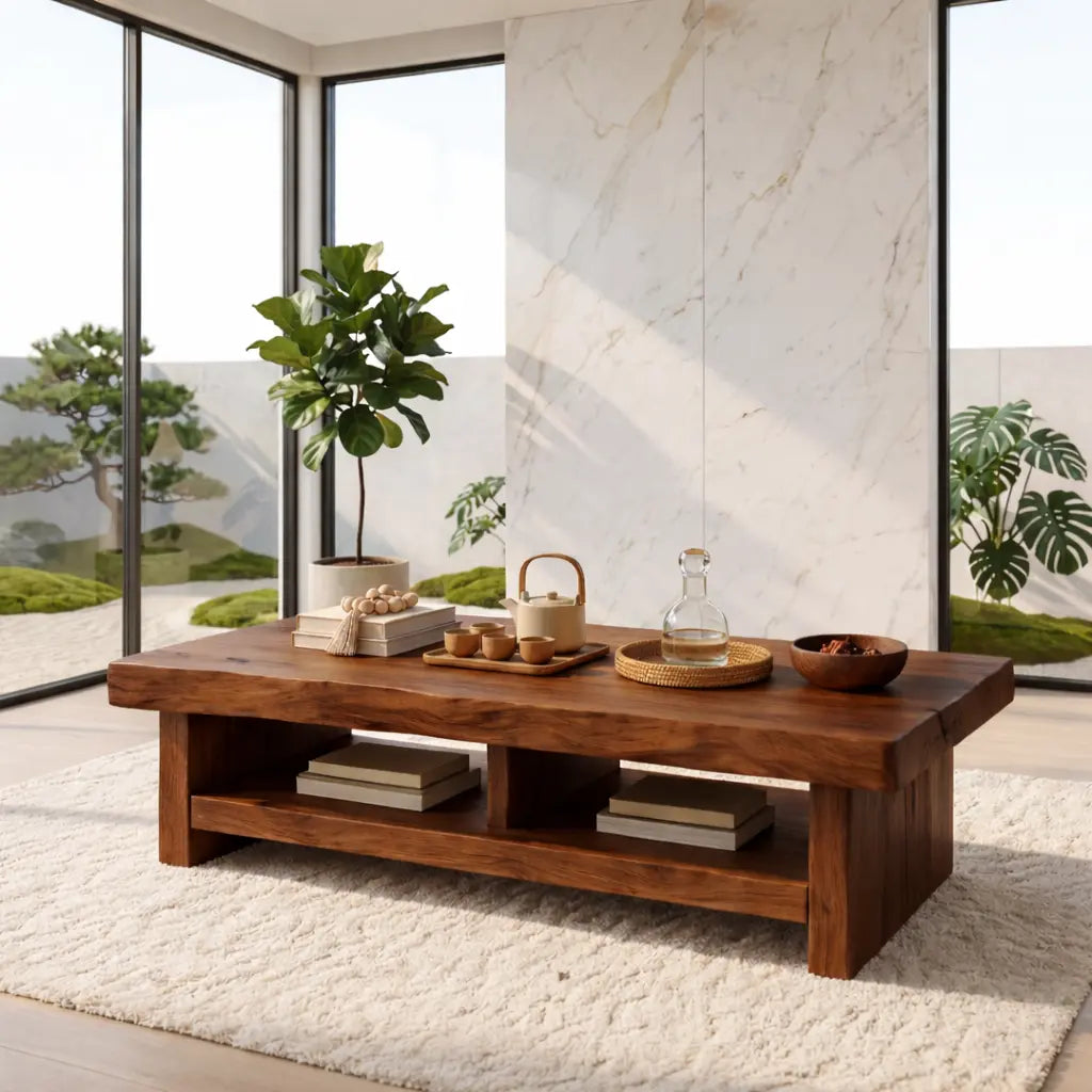 Rustic Solid Wood Coffee Table with Live Edge Top and Open Storage Shelf - view 3 of 7
