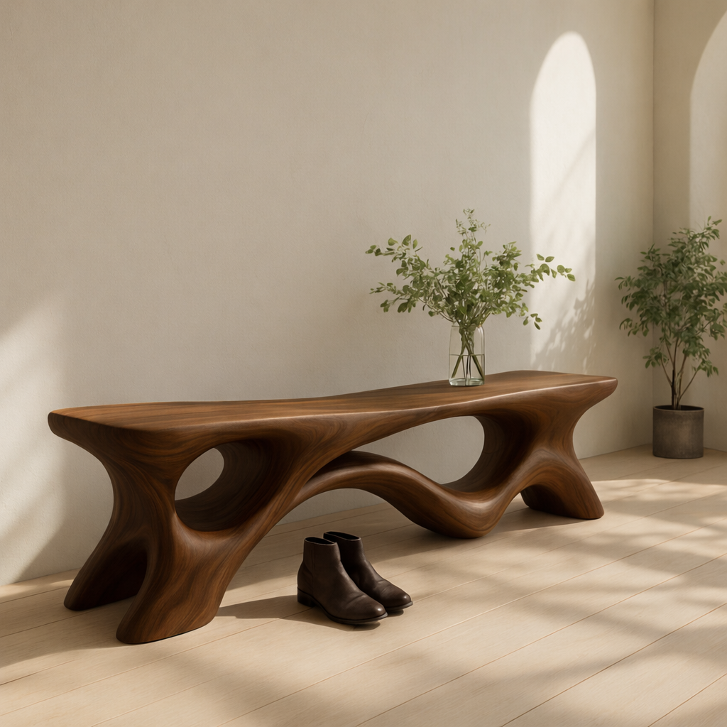 Solid Wood Entryway Bench with Sculptural Base – Modern Organic Wooden Bench - view 3 of 7