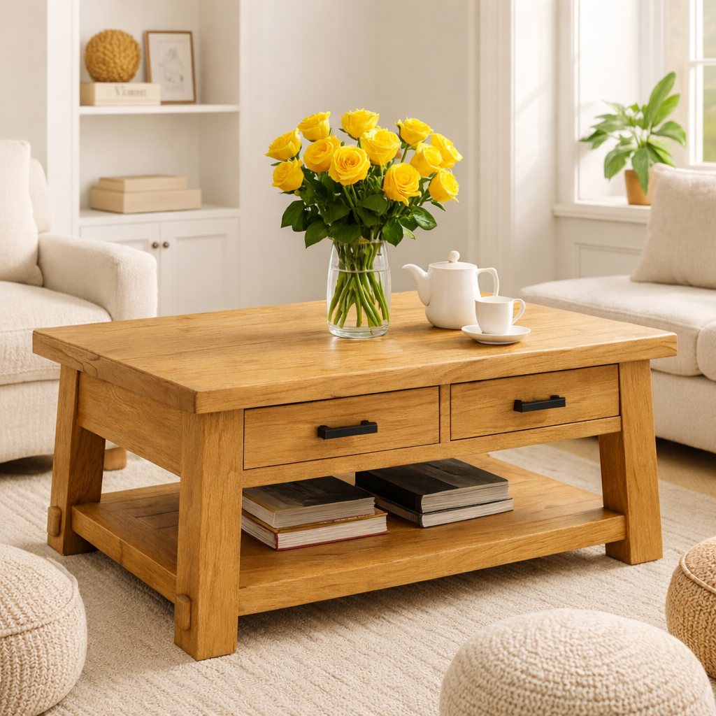 Solid Wood Coffee Table with Drawers and Storage Shelf Rustic Living Room Table - view 4 of 7