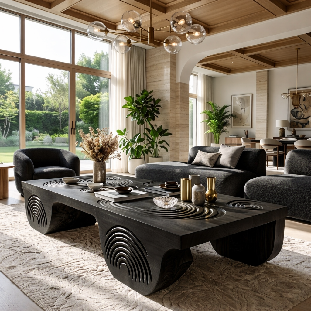 Artistic Wooden Coffee Table with Unique Carved Design - view 4 of 7