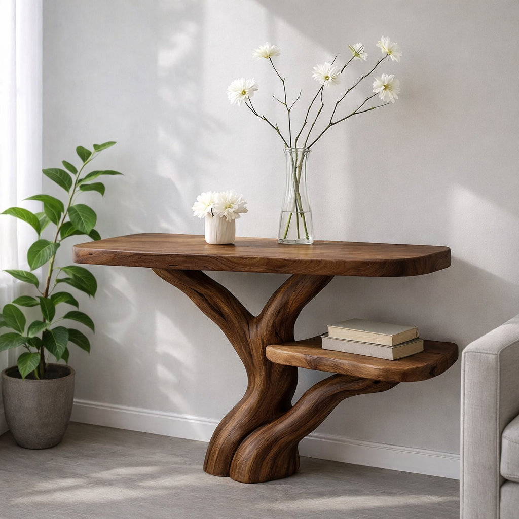Handcrafted Tree Console Table – Solid Wood Entryway Table with Natural Root Design and Floating Shelf - view 6 of 7