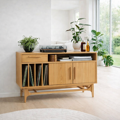 Vinyl Record Storage Sideboard Cabinet with Open Shelf and Drawer – Media Console - view 1 of 7