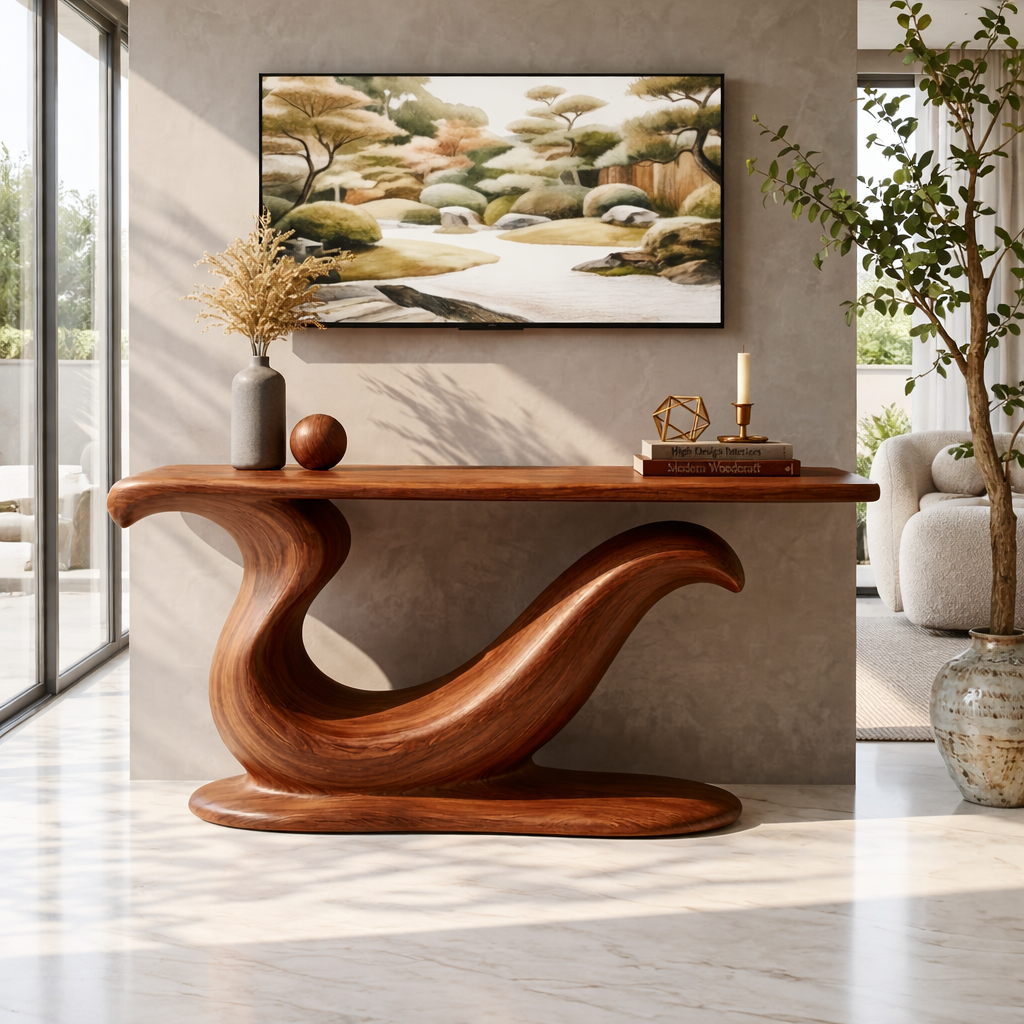 Solid Wood Console Table with Sculpted Curved Base, Modern Artistic Design - view 2 of 7