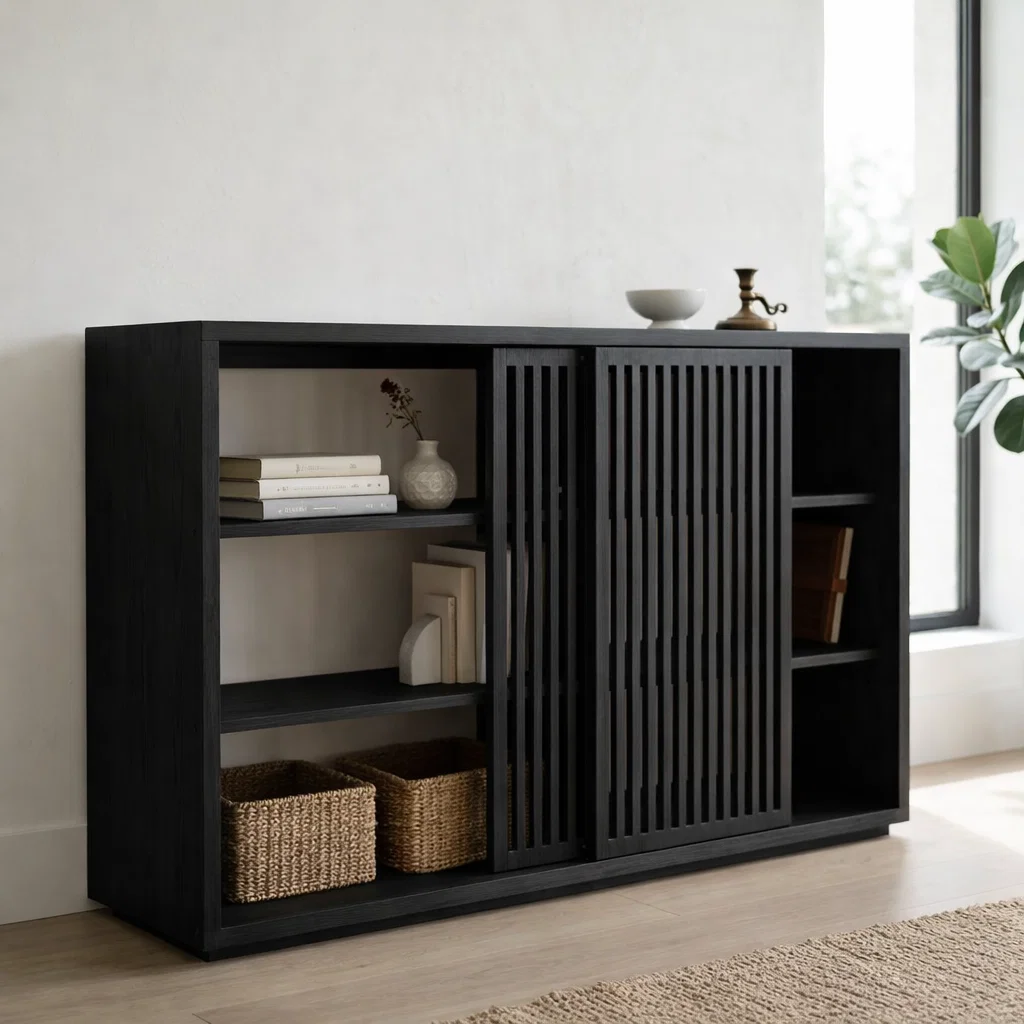 Solid Oak Console Cabinet with Sliding Slatted Doors – Modern Storage Sideboard - view 4 of 7