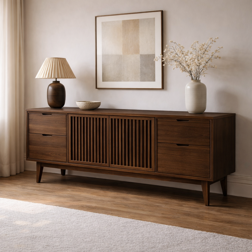 Solid Wood Console Cabinet with Slatted Doors and Drawer Storage - view 2 of 7