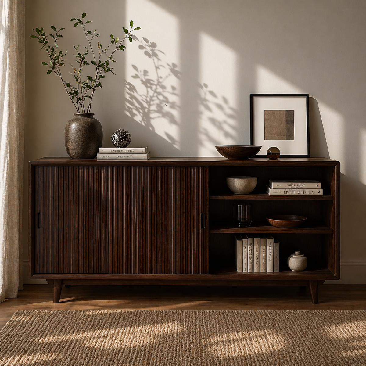 Solid Wood Sideboard Cabinet with Sliding Slatted Doors & Open Shelf Storage - view 2 of 7