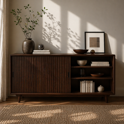 Solid Wood Sideboard Cabinet with Sliding Slatted Doors & Open Shelf Storage - view 2 of 7