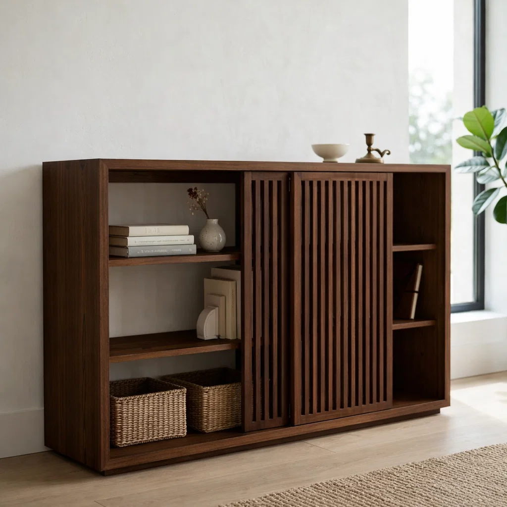 Solid Oak Console Cabinet with Sliding Slatted Doors – Modern Storage Sideboard - view 2 of 7