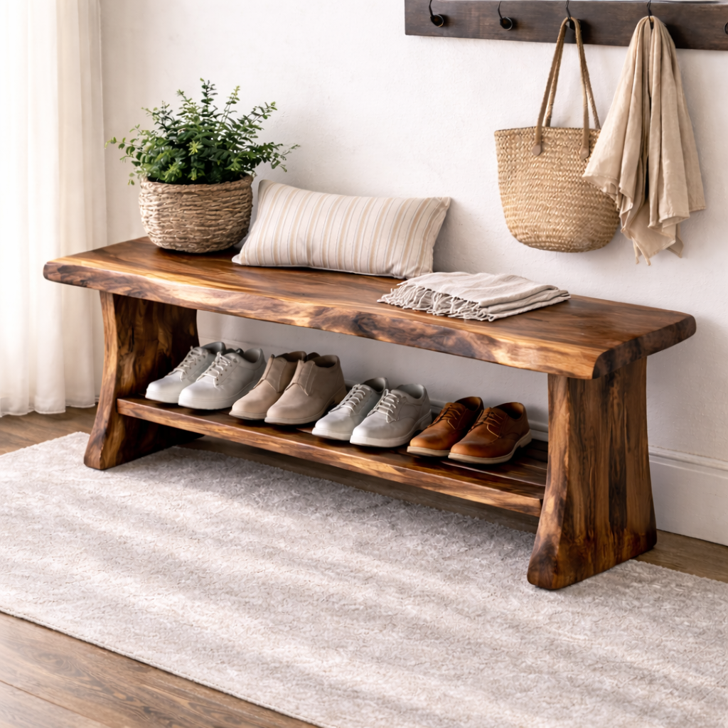 Solid Wood Entryway Bench with Shoe Storage | Rustic Hallway Seating - view 3 of 7