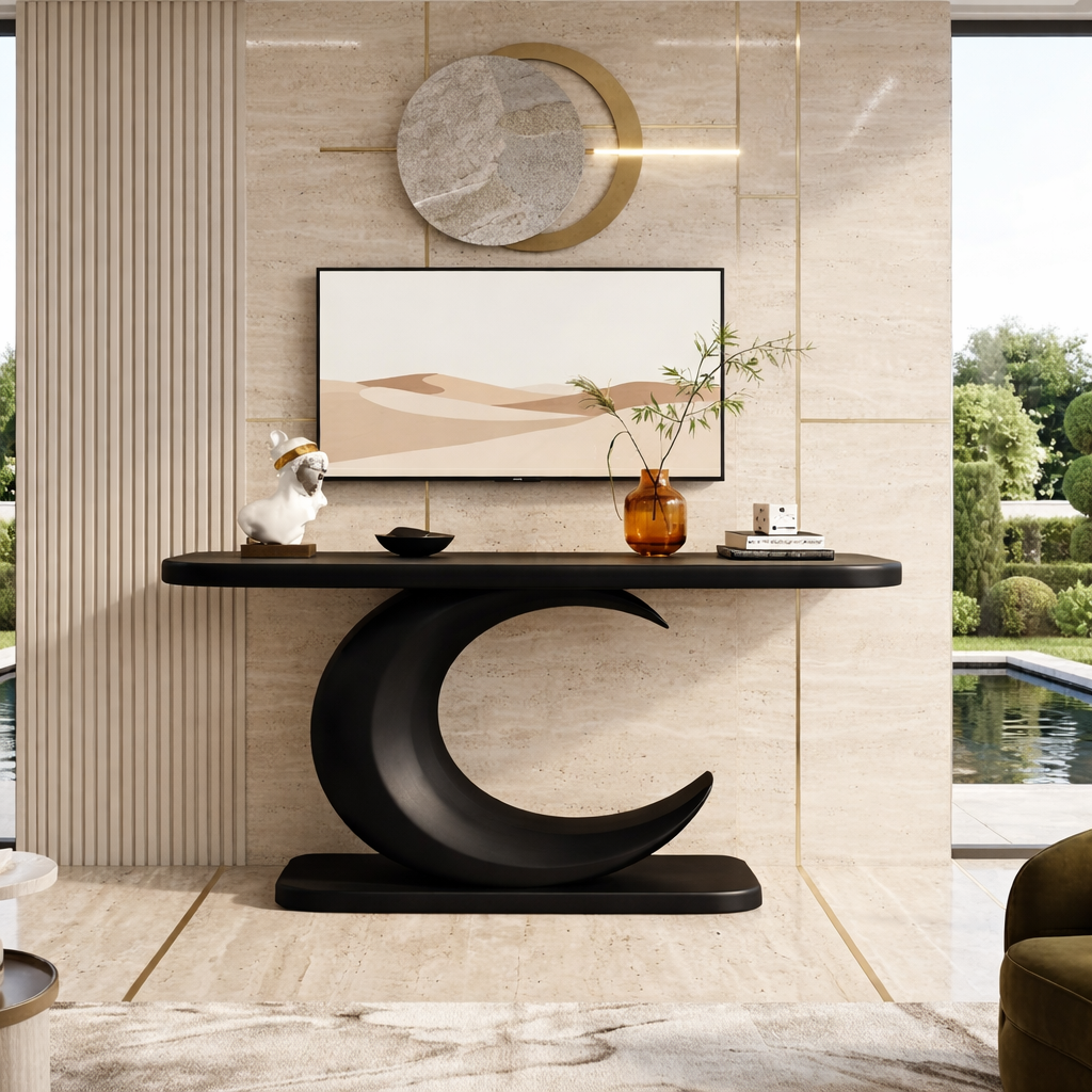 Solid Wood Console Table with Sculpted Crescent Base, Modern Artistic Design - view 4 of 7