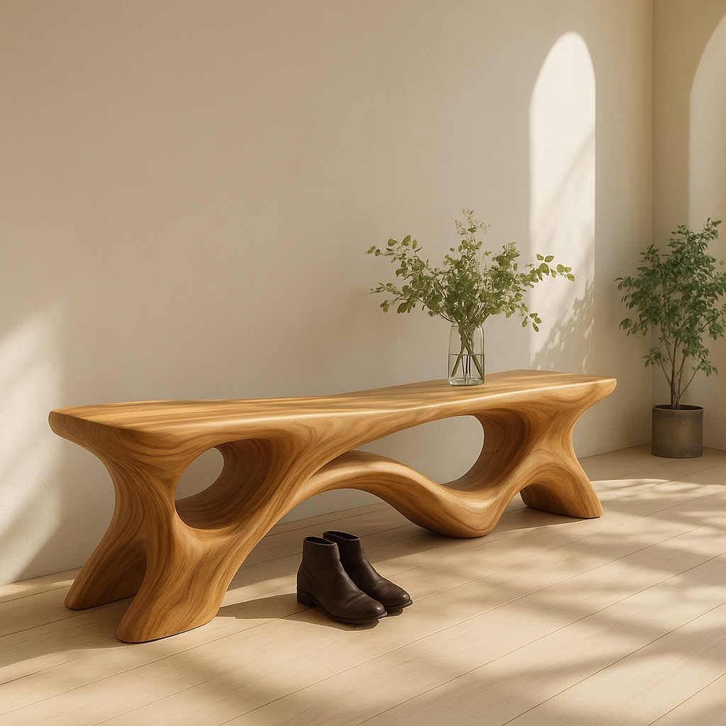 Solid Wood Entryway Bench with Sculptural Base – Modern Organic Wooden Bench - view 1 of 7