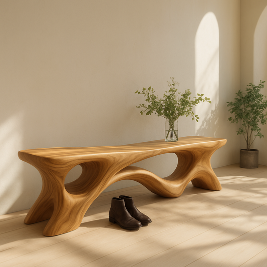 Solid Wood Entryway Bench with Sculptural Base – Modern Organic Wooden Bench - view 1 of 7