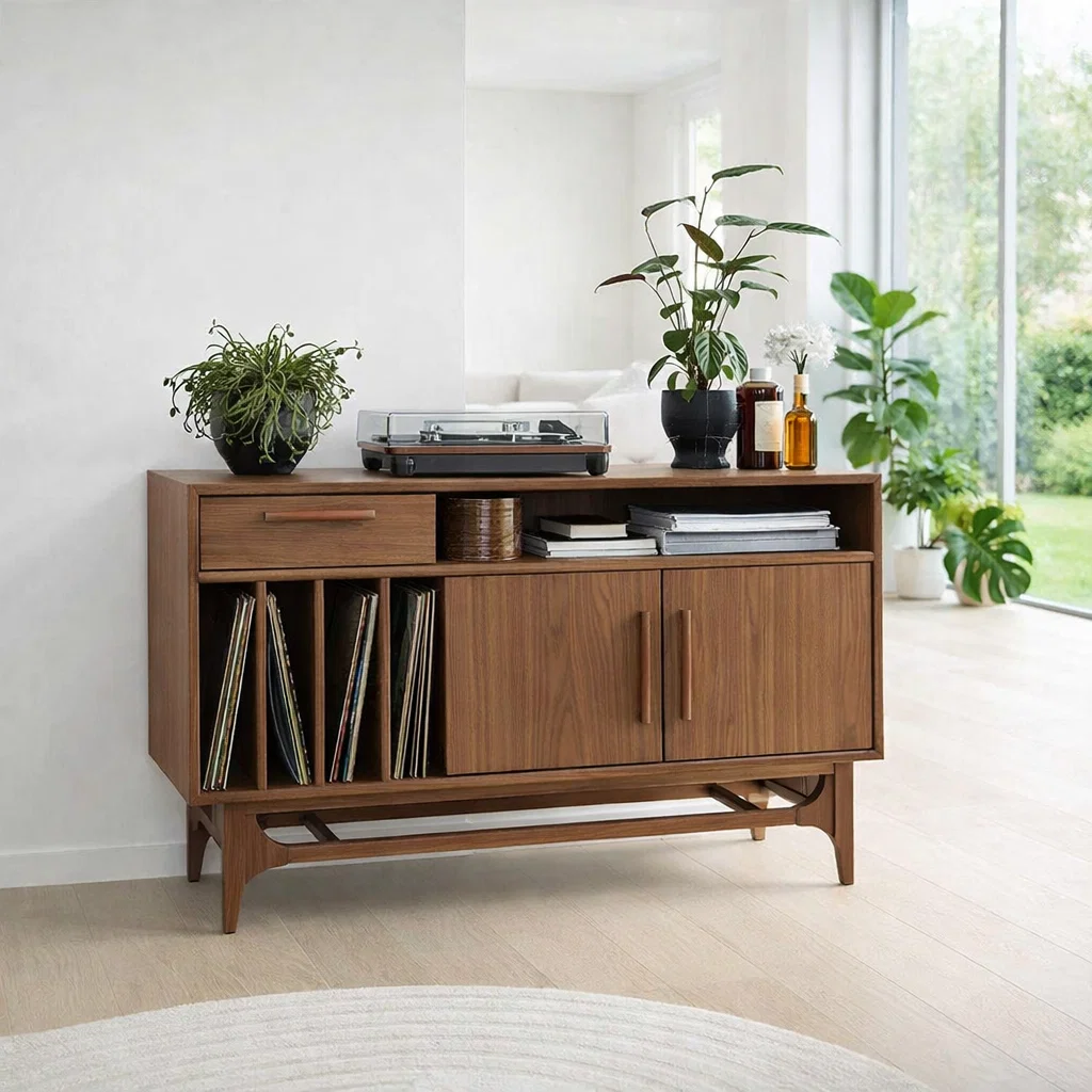 Vinyl Record Storage Sideboard Cabinet with Open Shelf and Drawer – Media Console - view 2 of 7