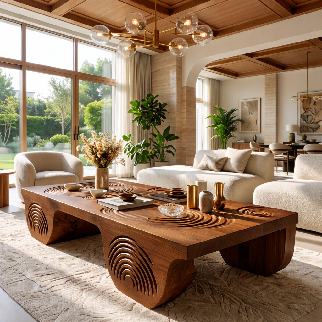 Artistic Wooden Coffee Table with Unique Carved Design - view 3 of 7
