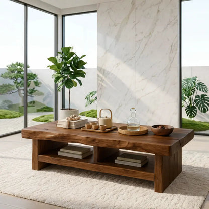 Rustic Solid Wood Coffee Table with Live Edge Top and Open Storage Shelf - view 2 of 7