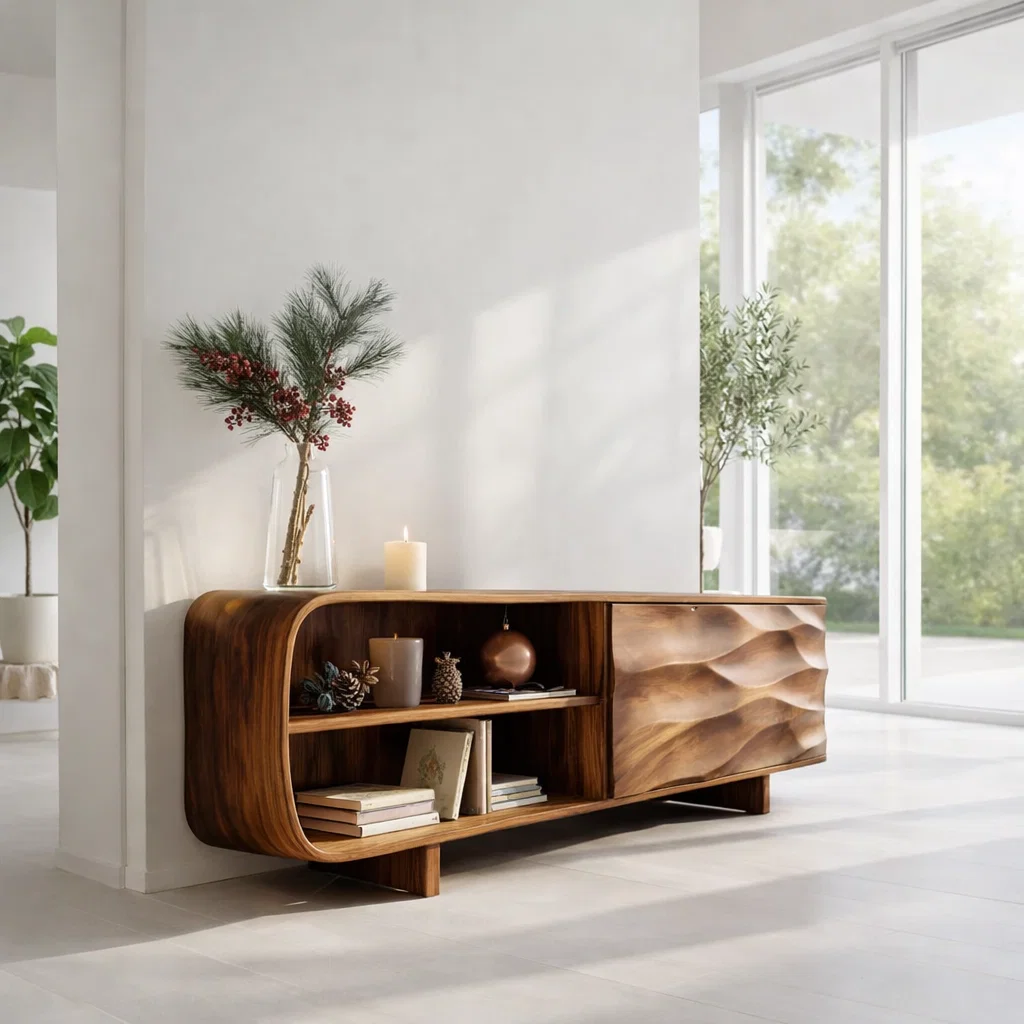 Solid Wood Sideboard Console with Wave Carved Door & Open Shelf Storage - view 3 of 7