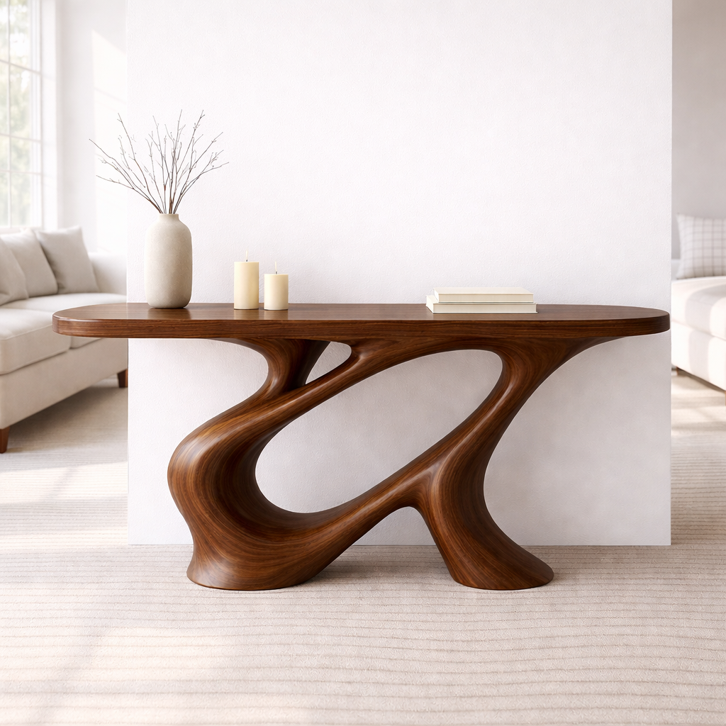 Modern Solid Wood Console Table, Sculptural Organic Base Walnut Entryway Hallway Statement Furniture - view 6 of 7