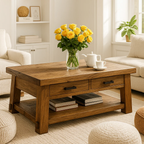 Solid Wood Coffee Table with Drawers and Storage Shelf Rustic Living Room Table - view 1 of 7