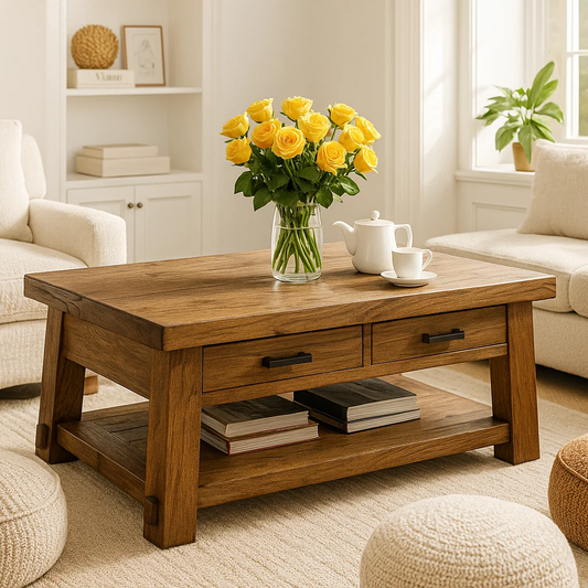 Solid Wood Coffee Table with Drawers and Storage Shelf Rustic Living Room Table - view 1 of 7