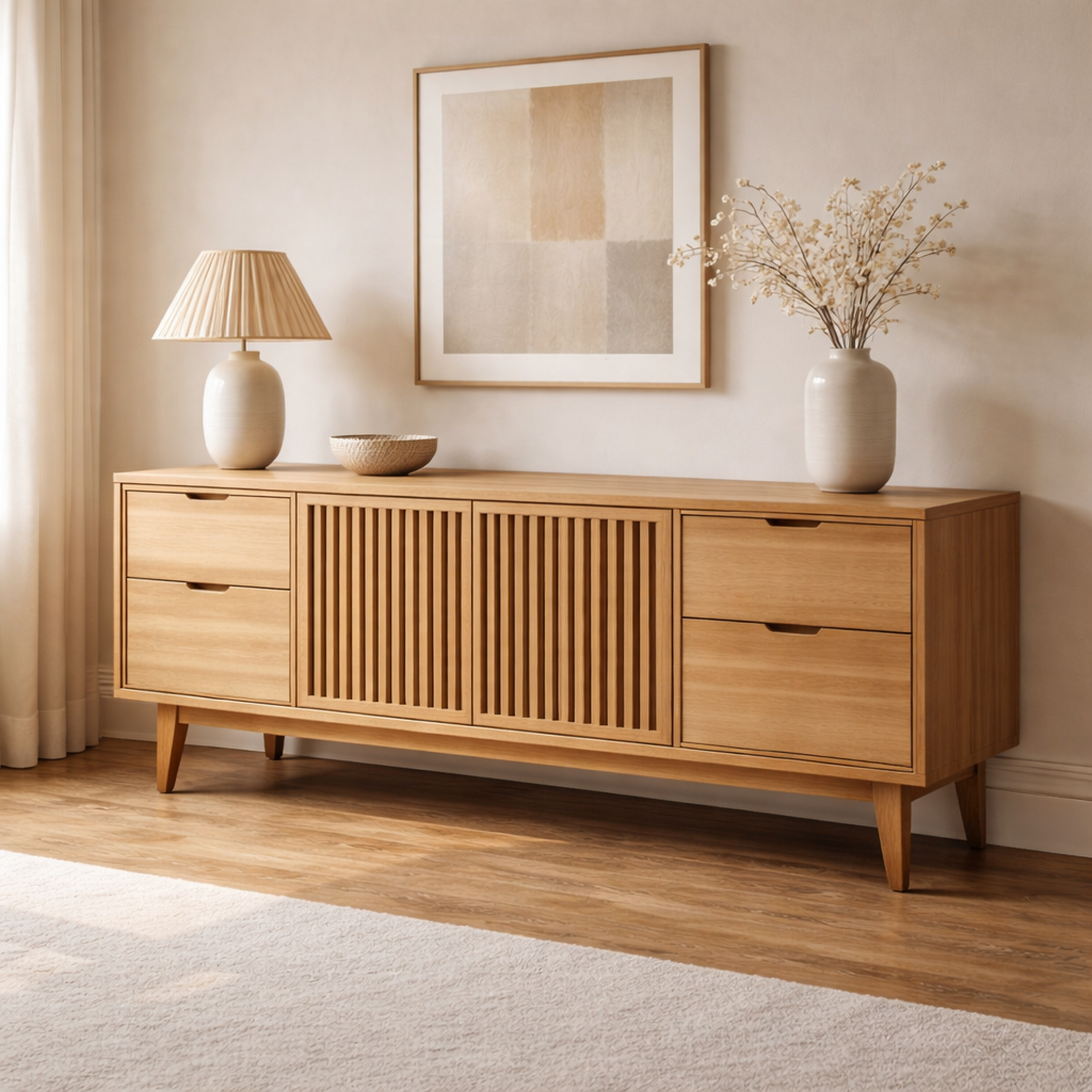 Solid Wood Console Cabinet with Slatted Doors and Drawer Storage - view 1 of 7