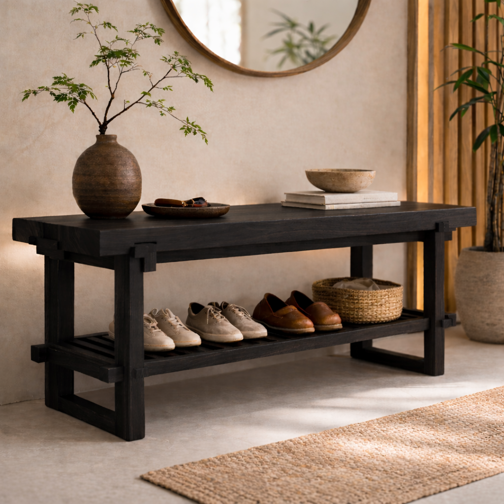 Solid Oak Entryway Bench with Storage Shelf | Modern Hallway Seating - view 4 of 7