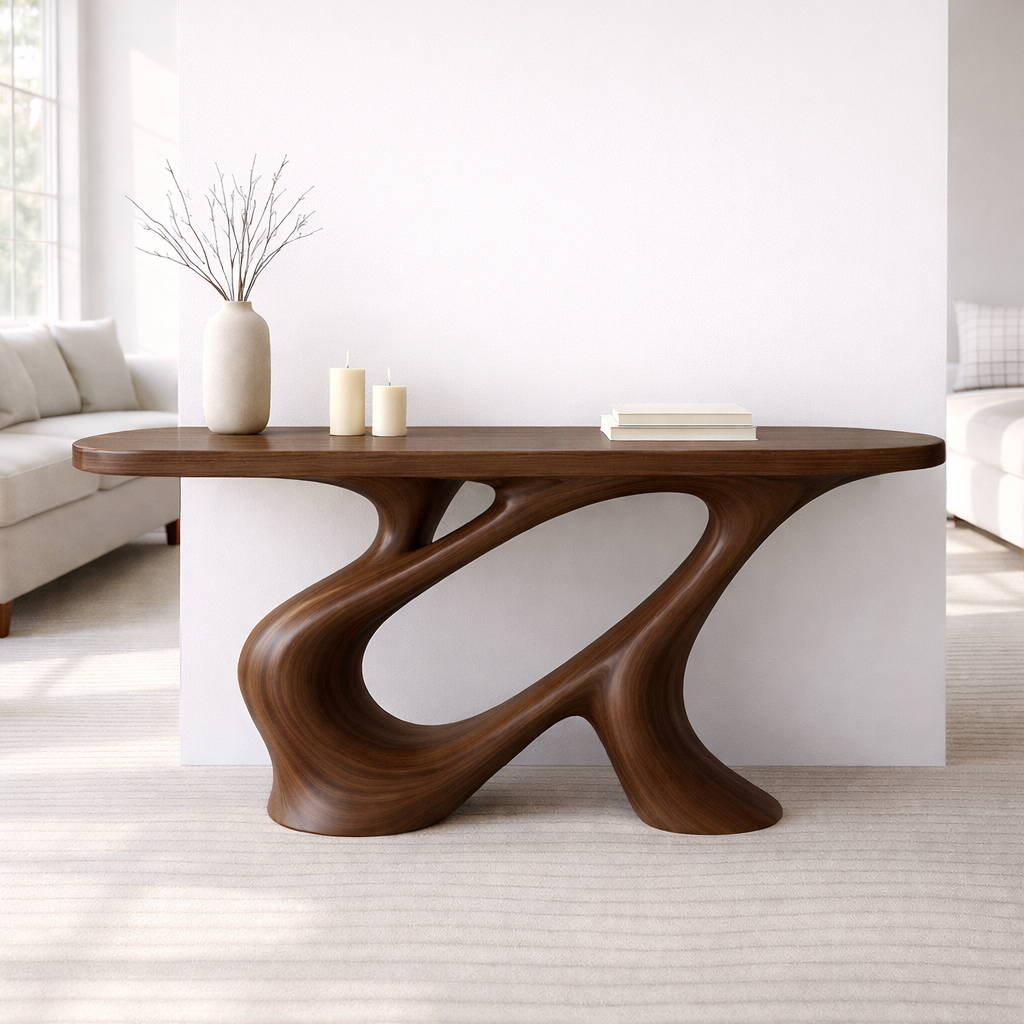 Modern Solid Wood Console Table, Sculptural Organic Base Walnut Entryway Hallway Statement Furniture - view 5 of 7