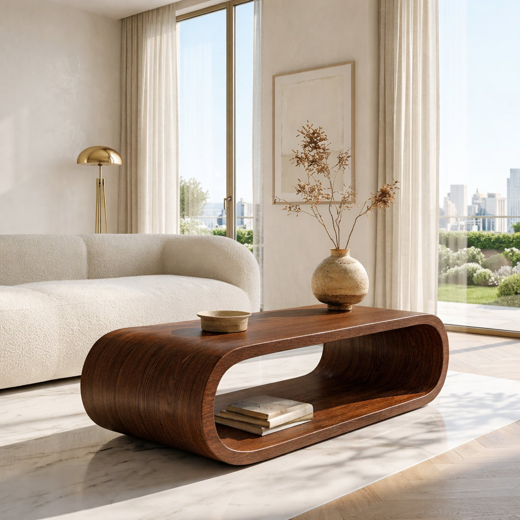 Modern Curved Coffee Table with Open Shelf for Contemporary Minimalist Interiors - view 3 of 7
