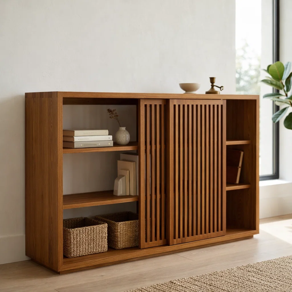 Solid Oak Console Cabinet with Sliding Slatted Doors – Modern Storage Sideboard - view 3 of 7