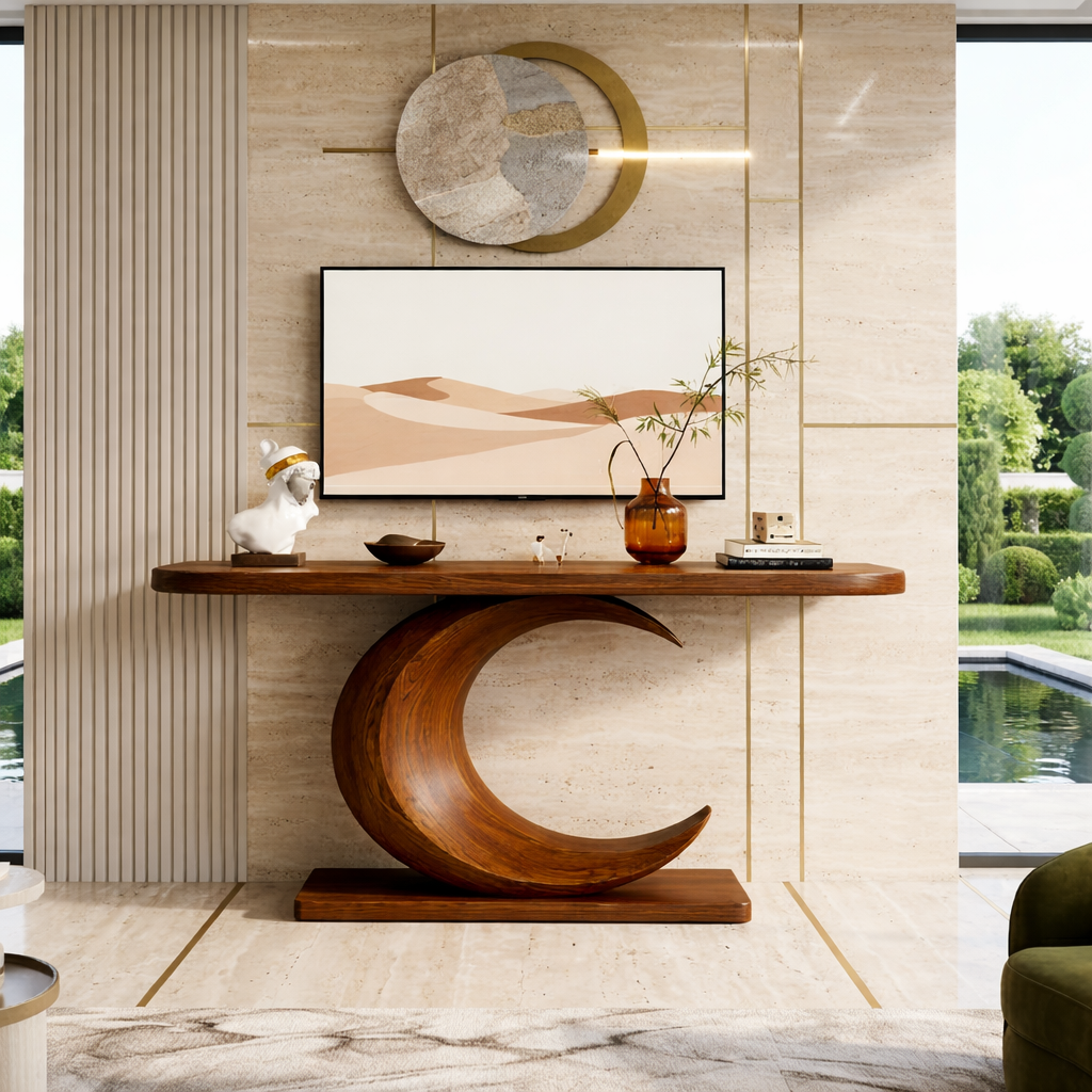Solid Wood Console Table with Sculpted Crescent Base, Modern Artistic Design - view 3 of 7