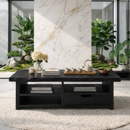 Live Edge Oak Coffee Table with Storage Drawer and Shelf, Solid Wood Living Room Table - view 4 of 7