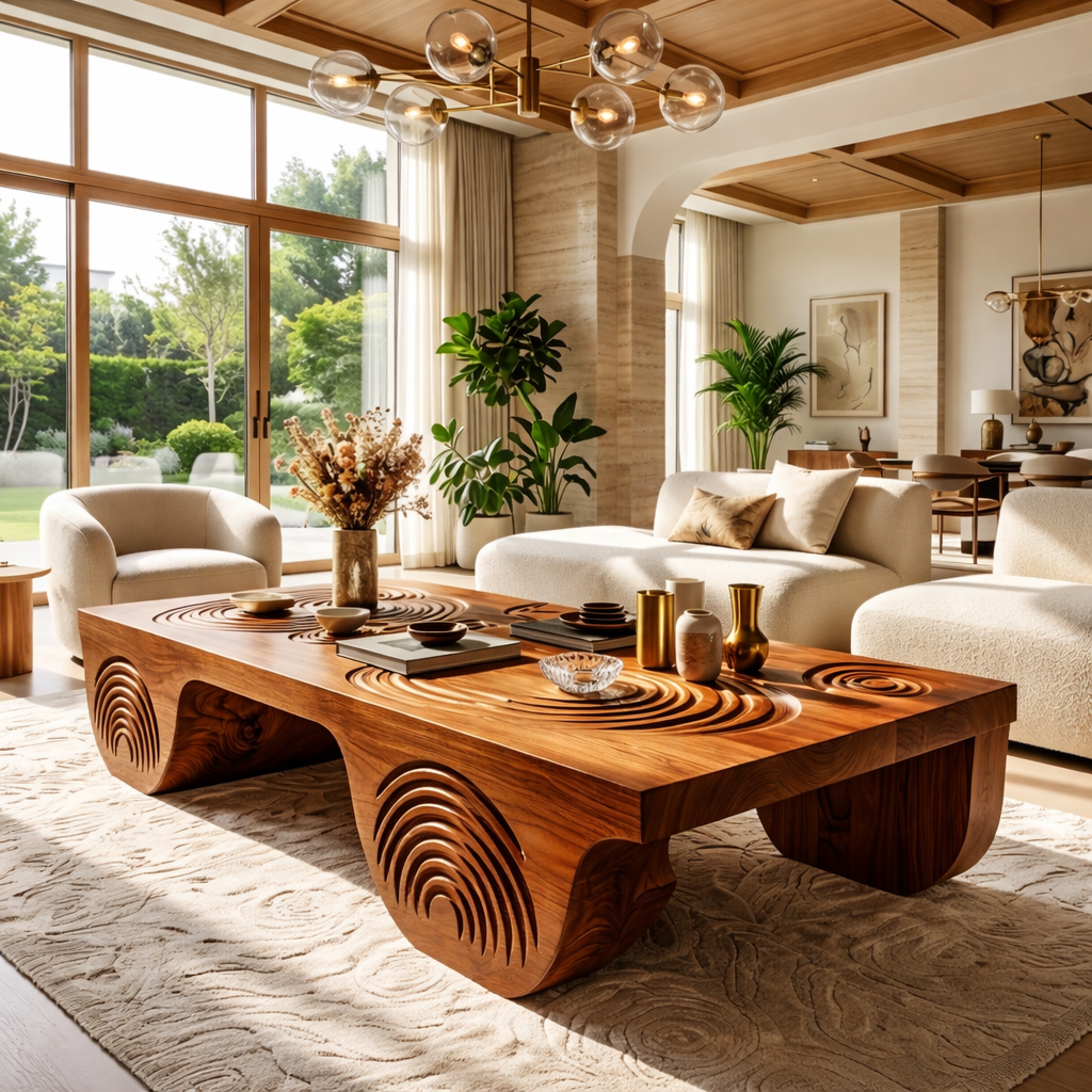 Artistic Wooden Coffee Table with Unique Carved Design - view 2 of 7